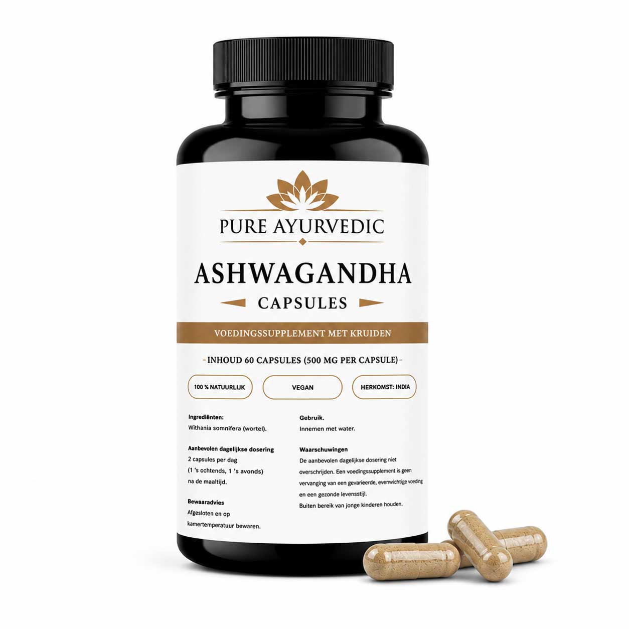 Ashwagandha capsules.  Adaptogeen kruid dat het lichaam kan helpen stress te verminderen, het cortisolniveau te verlagen en de mentale balans te ondersteunen.
