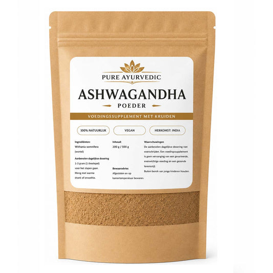 Ashwagandha poeder is een adaptogeen kruid dat het zenuwstelsel kalmeert. Het werkt door de aanmaak van het stresshormoon cortisol te verlagen. Hierdoor vermindert het stress en angst, verbetert het de slaapkwaliteit, en helpt het je lichaam beter bestand te maken tegen zowel fysieke als mentale vermoeidheid. 