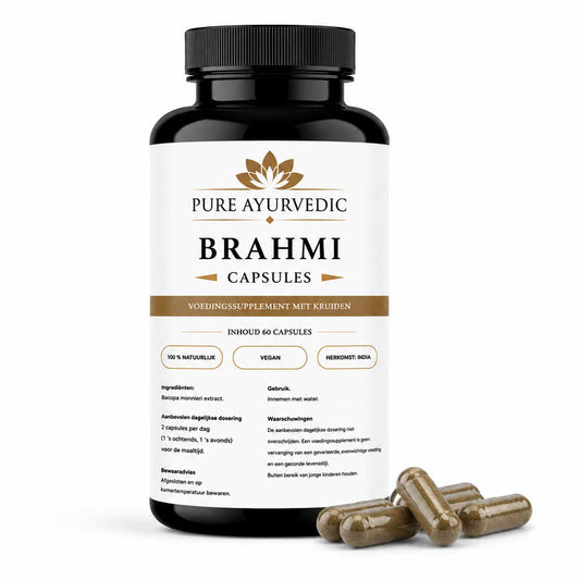 Brahmi capsules. Een krachtig Ayurvedisch kruid dat bekend staat om het verbeteren van cognitieve functies, het versterken van het geheugen, het verhogen van de concentratie en het verminderen van stress en angst.