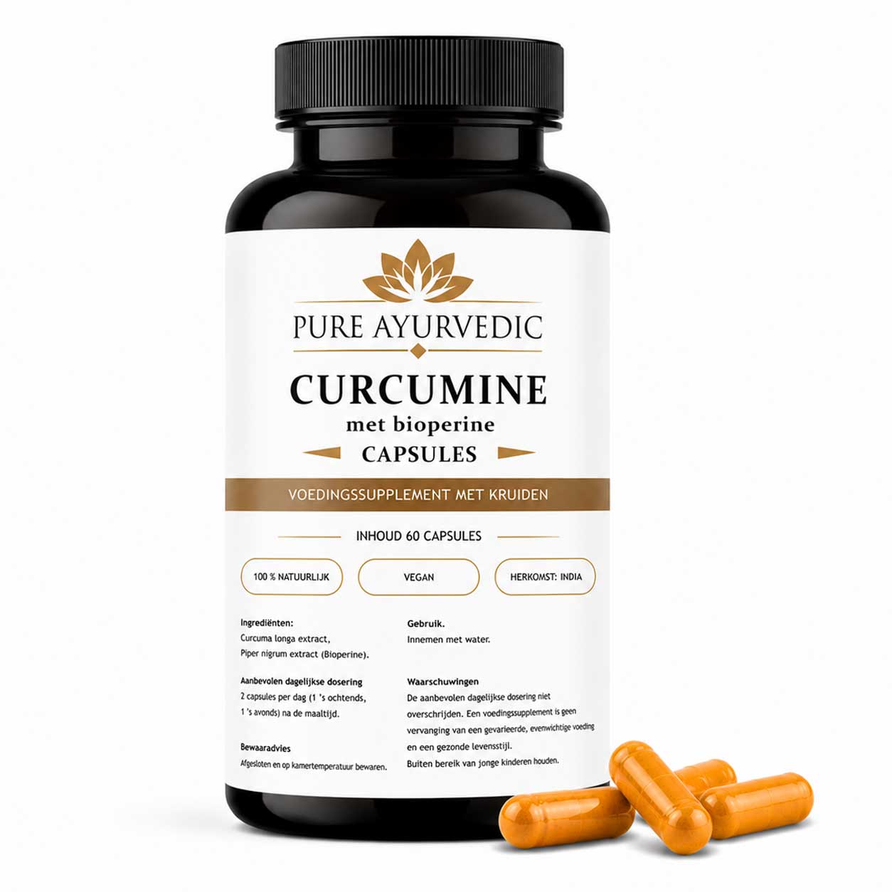 Curcumine capsules, ayurvedisch supplement dat bekend staat om zijn sterke ontstekingsremmende en antioxiderende eigenschappen