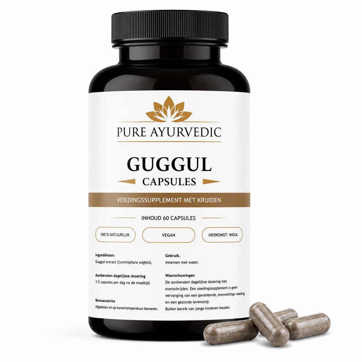 Guggul capsules, Ayurvedisch voedingssupplement dat voordelen kan bieden bij een te hoge cholesterolspiegel, afvallen en ontstekingsremmend kan werken.