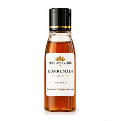 De naam Kumkumadi komt van het belangrijkste ingrediënt: roodgouden saffraan, in het Sanskriet bekend als Kumkuma. Deze olie wordt beschouwd als een wondermiddel voor de huid. Ze voedt, hydrateert en verfraait de huid.