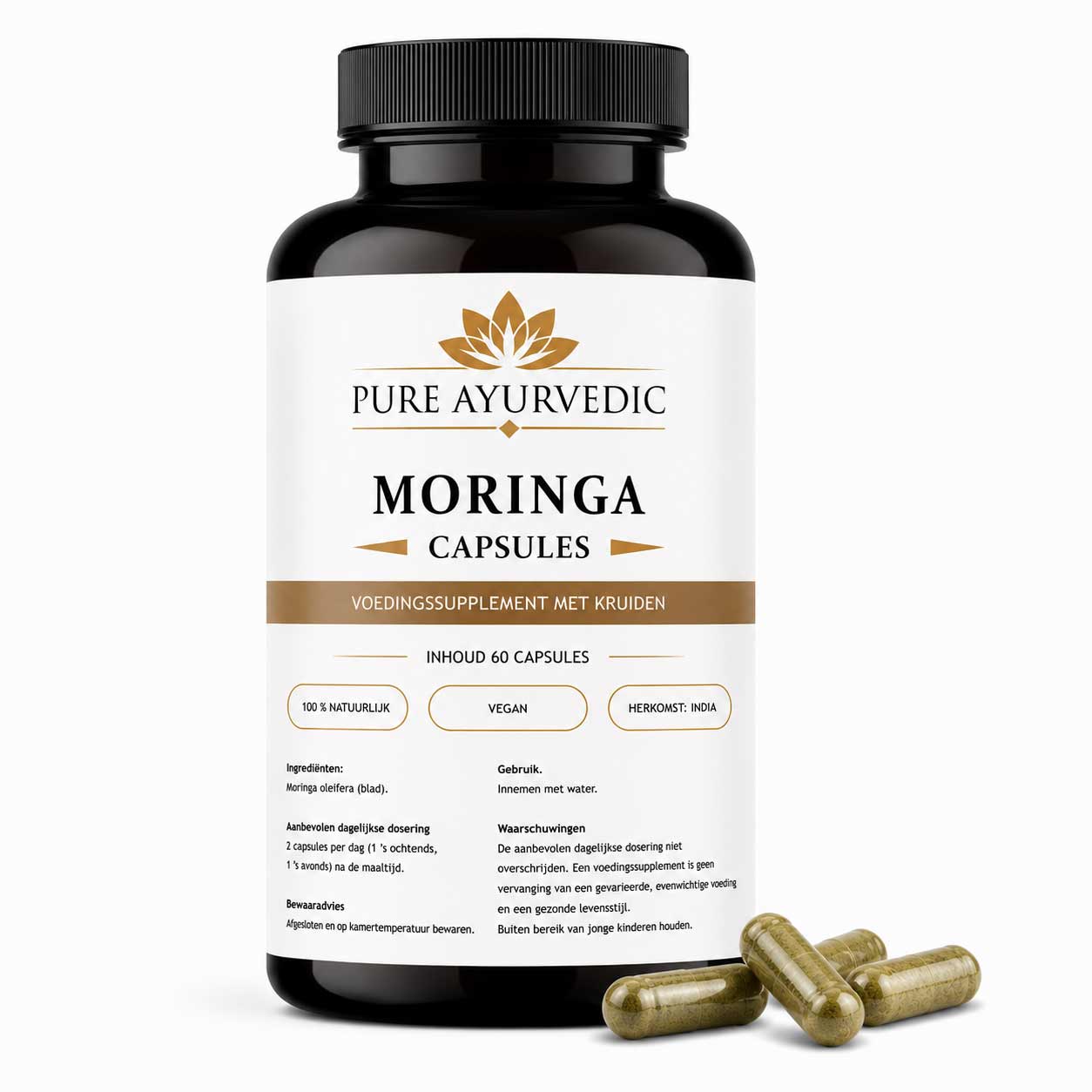 Moringa capsules. Krachtig, voedingsrijk Ayurvedisch supplement dat energie verhoogt, het immuunsysteem ondersteunt en de bloedsuikerspiegel helpt stabiliseren